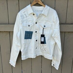 NWT Si Tu Veux White Collage Denim Jacket Sz Large Luxury Denim
